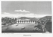 Praha  celkov pohled, oceloryt S. Halla (1850)