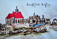 Psenice  kostel s tvrz na vezu z kresby M. Ornyse (1591)