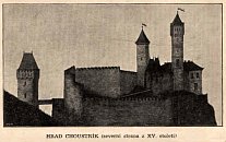 Choustnk  pohlednice z 20. let 20. stolet s dajnou podobou hradu v 15. stol.