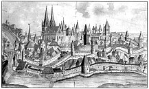 Cheb – dřevořez z r. 1550, vlevo část Václavského hradu