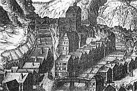 Karlovy Vary – hrad na rytině J. Henrica (1647)