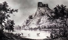 Považský hrad – oceloryt L. Rohbocka (1856)