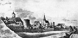 Opava – F. Biela (1813), komenda uprostřed, zámek vpravo
